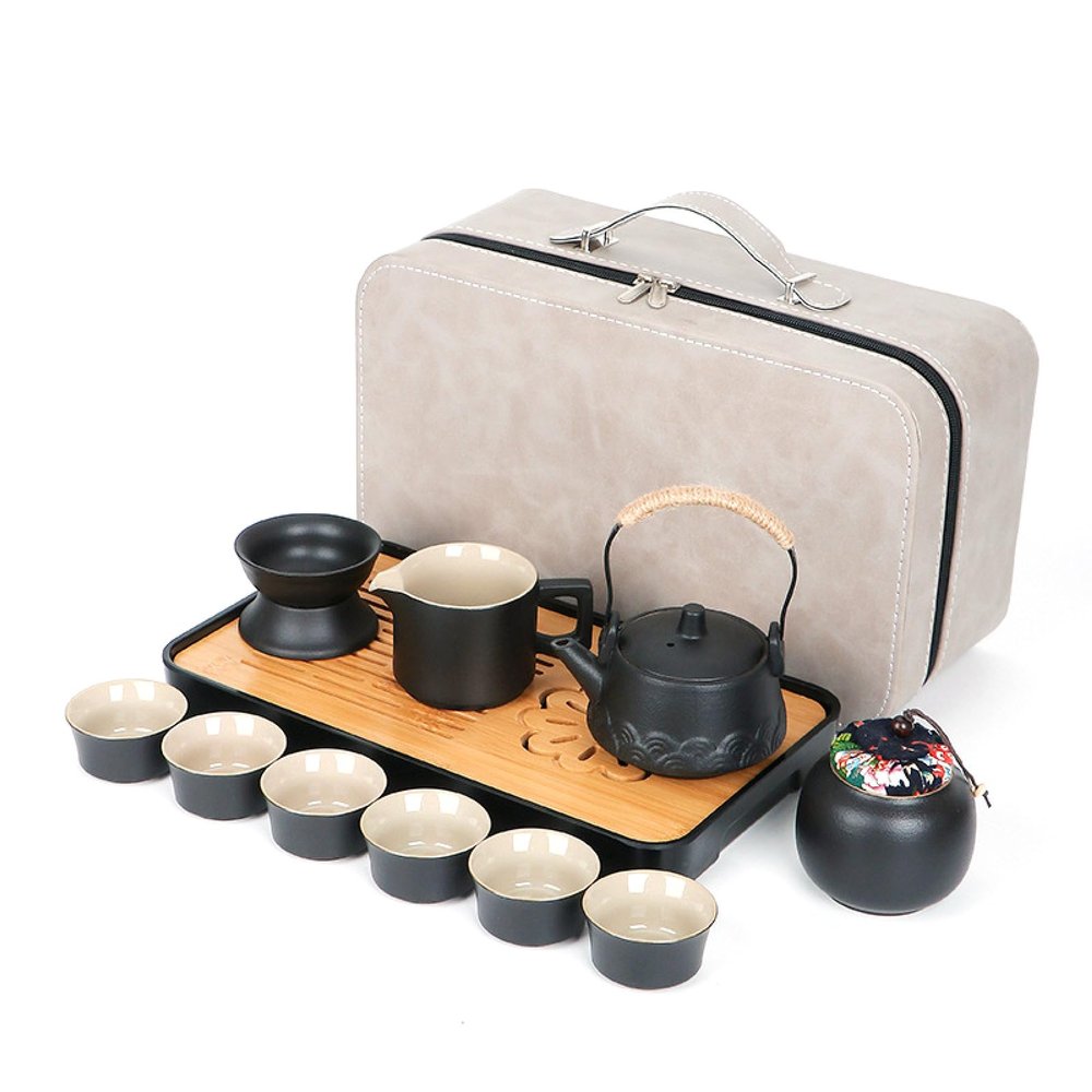 BERULL Portable Ceramic Kung Fu Tea Set for Adults, Black
