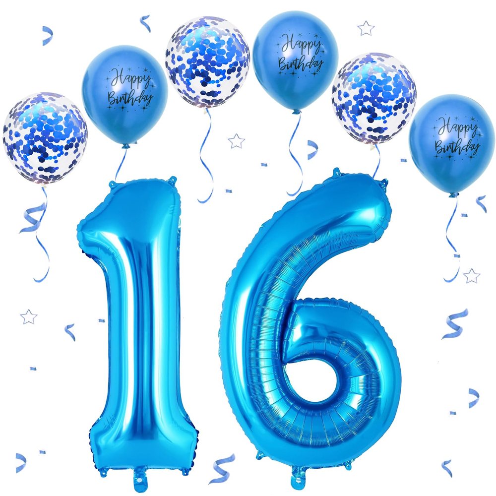 Blue Number 16 Foil Balloon Set, 40-Inch Birthday Decorations