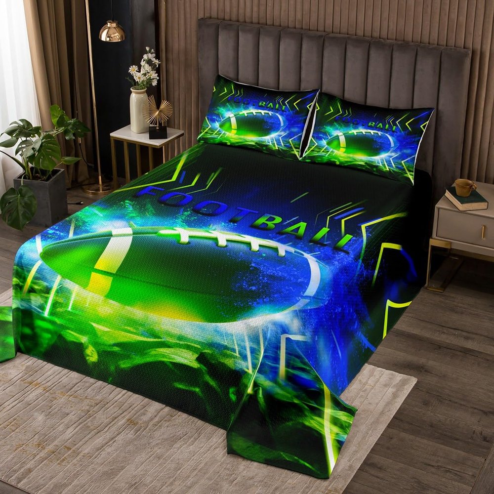 Manfei American Football Bedspread Set, Gray/Neon Blue/Green Geometric Lines, 3D Modern Quilt Coverlet with 2 Pillowcases