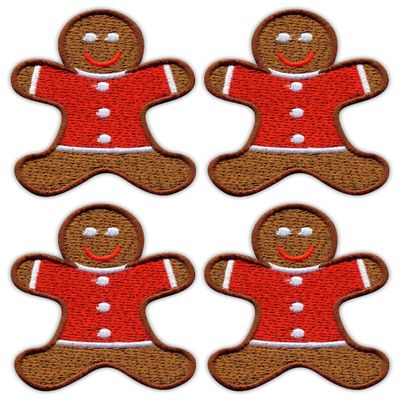 Set of 4 Gingerbread Men in Red Shirts, Iron-On Embroidered Patches