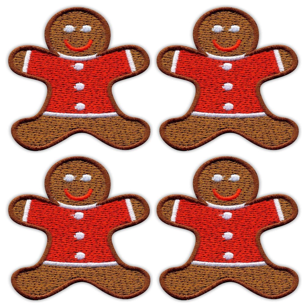 Set of 4 Gingerbread Men in Red Shirts, Iron-On Embroidered Patches