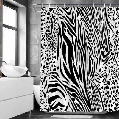 HNBFKD Leopard Shower Curtain, Black-and-White Farmhouse Pattern, Fabric, with Hooks, 80 x 180 cm