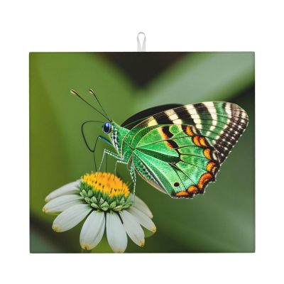 Green Leaf Colorful Butterflies Super Absorbent Kitchen Countertop Drying Mat, Ultra-Fine Microfiber Cleaning Pad