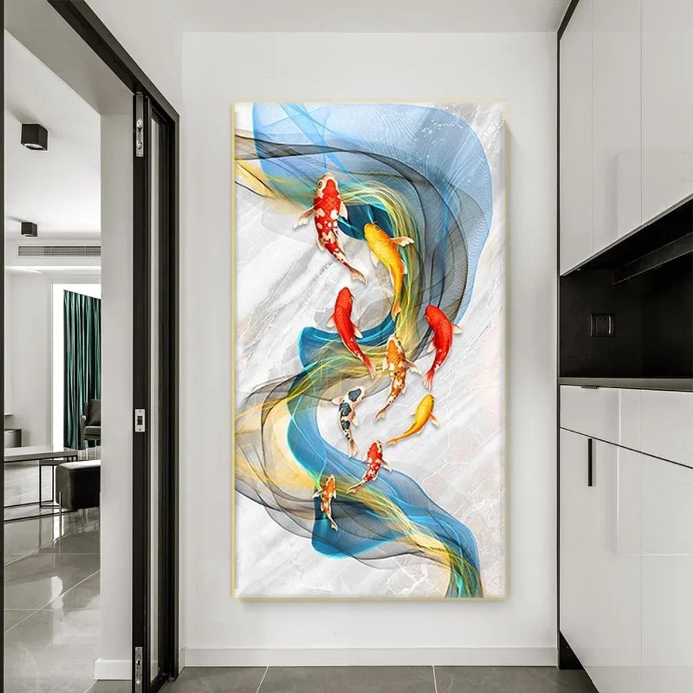 Abstract Lotus Flower Fish Wall Art Canvas Print, 40 x 80 cm, Framed