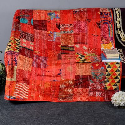 Handmade Vintage Sari Patchwork Kantha Quilt, Red, 228 x 274 cm