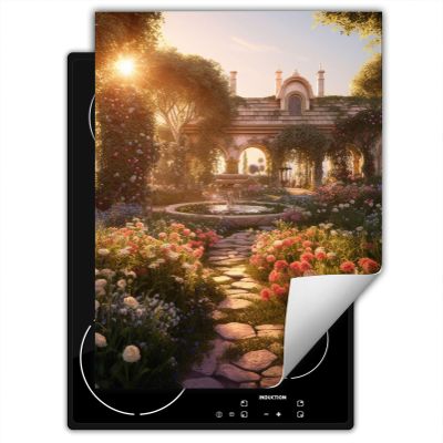 SMTDeco Induction Cooktop Cover, Garden Flowers Green, 40 x 52 cm