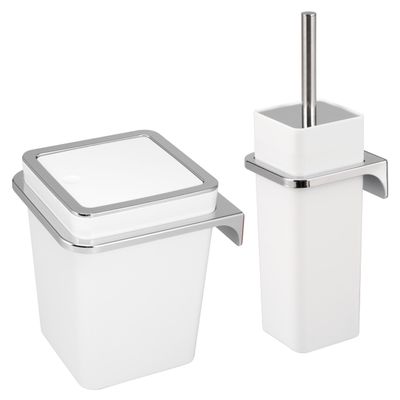 bremermann 2-Piece Savona Bathroom Set, 6-Liter Cosmetic Bin and Wall-Mounted Toilet Brush Set, Square, White Plastic