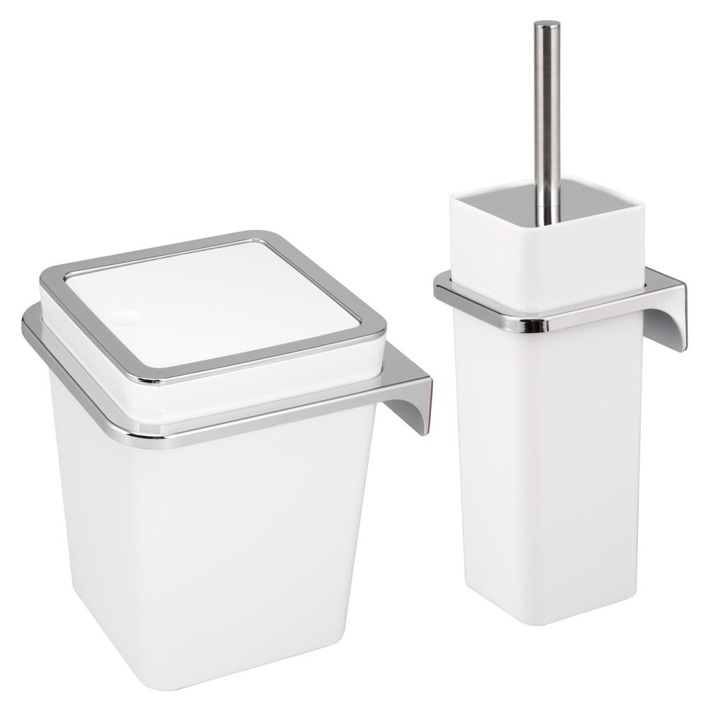 bremermann 2-Piece Savona Bathroom Set, 6-Liter Cosmetic Bin and Wall-Mounted Toilet Brush Set, Square, White Plastic