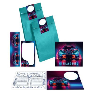 12 Boys' Birthday Racing Car Invitations with Envelopes, Party Bags, Stickers, Bookmarks, Notepads & Battleship Games