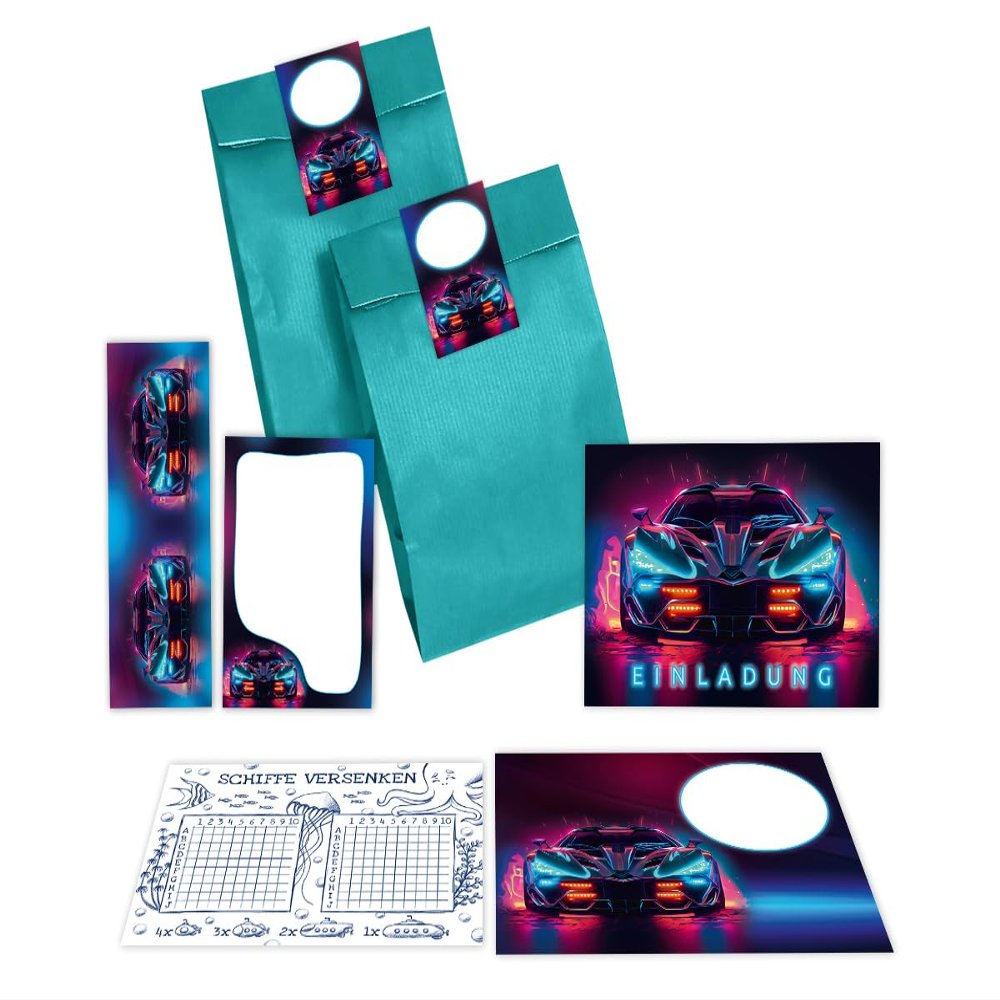 12 Boys' Birthday Racing Car Invitations with Envelopes, Party Bags, Stickers, Bookmarks, Notepads & Battleship Games