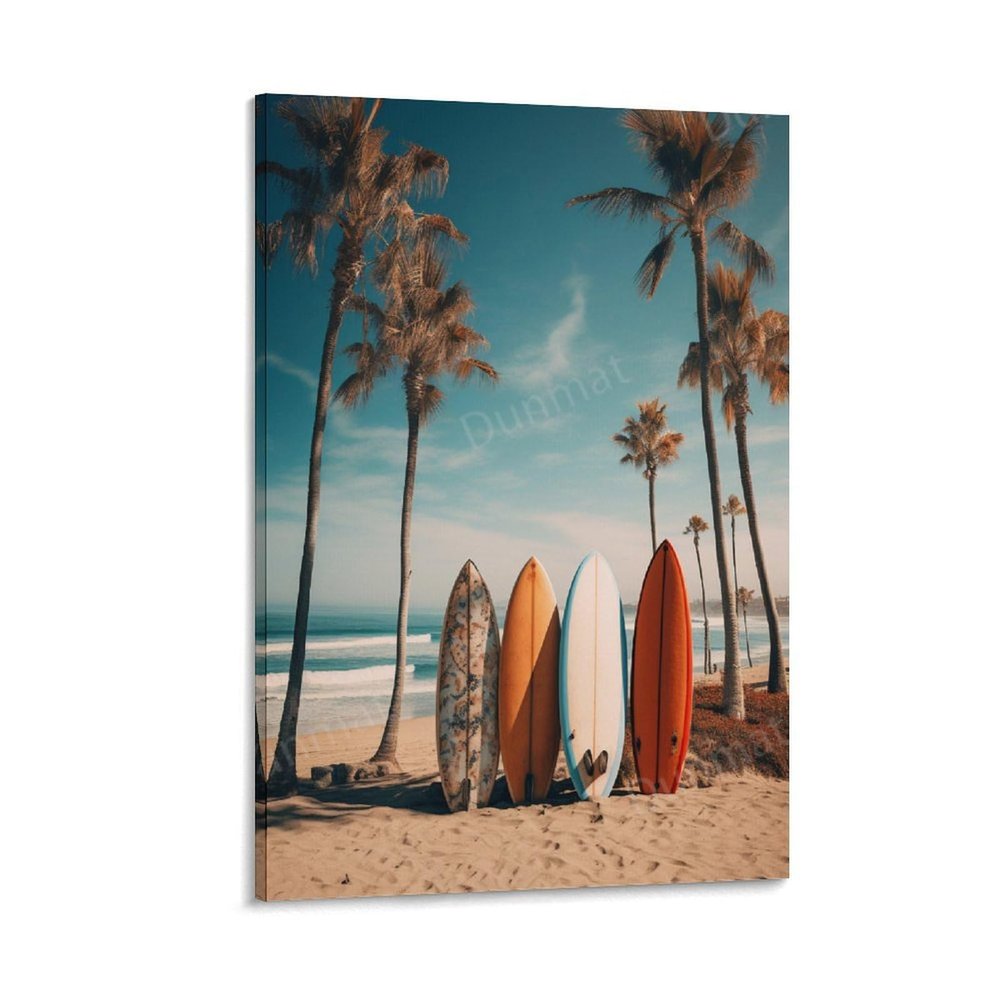 EPEDIC Canvas Wall Art, Simple Surfboard, Vintage Beach, Palm Tree and Blue Ocean