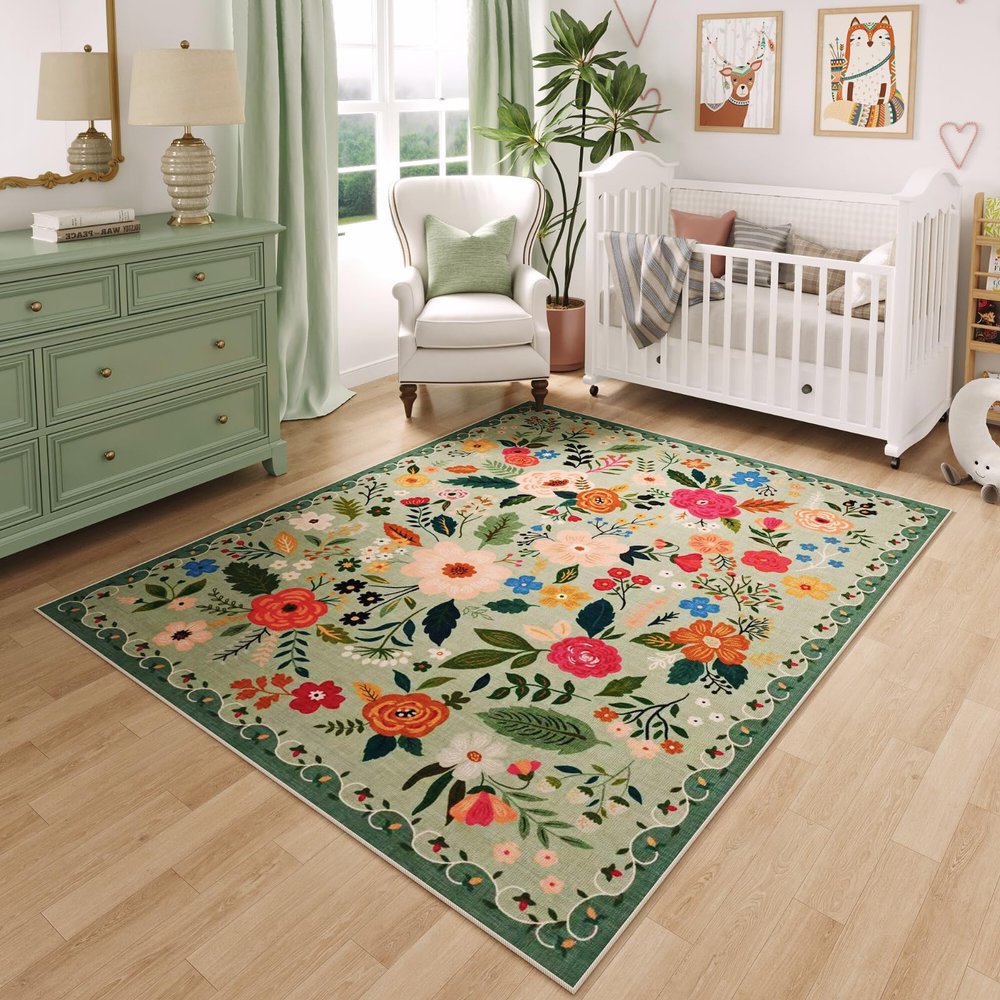 Rugcomf Bedroom Rug, 7.6 x 12.7 cm, Washable, Non-Slip, Low-Pile Boho Floral Rug
