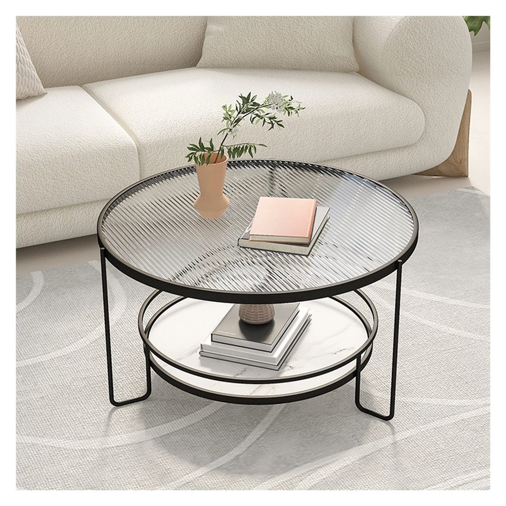 Modern Round Tempered-Glass Coffee Table with Storage Shelf