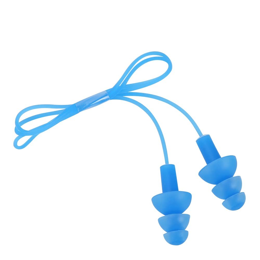 Waterproof Soft Corded Silicone Earplugs for Swimming, 3-Layer Seal (Blue)