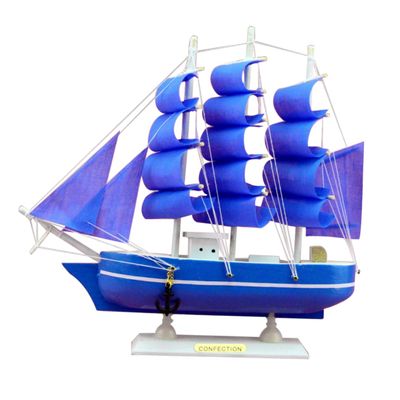 Blue Wooden Sailboat Model, Mediterranean Style, for Desk Decoration