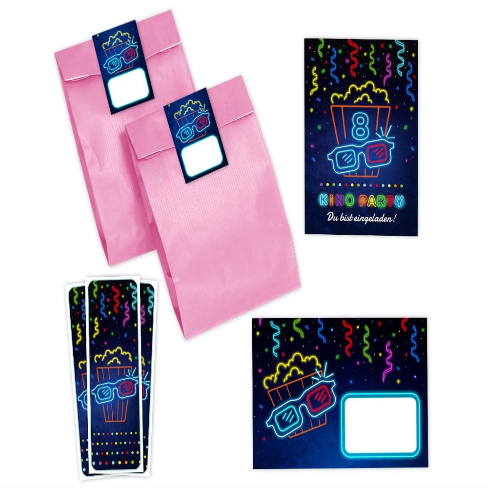 Minkocards 12 Movie-Themed Invitations for an 8th Birthday, Girls’ Party Set