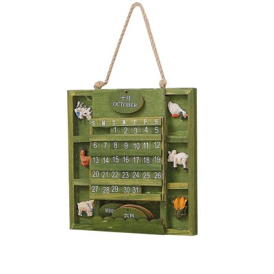 Perpetual Flip Wooden Calendar, Vintage Green Wall Hanging