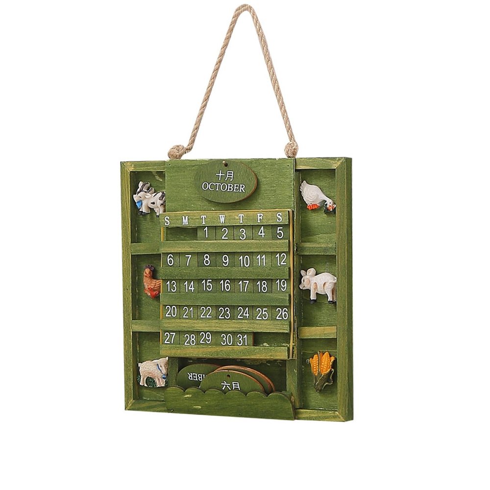 Perpetual Flip Wooden Calendar, Vintage Green Wall Hanging