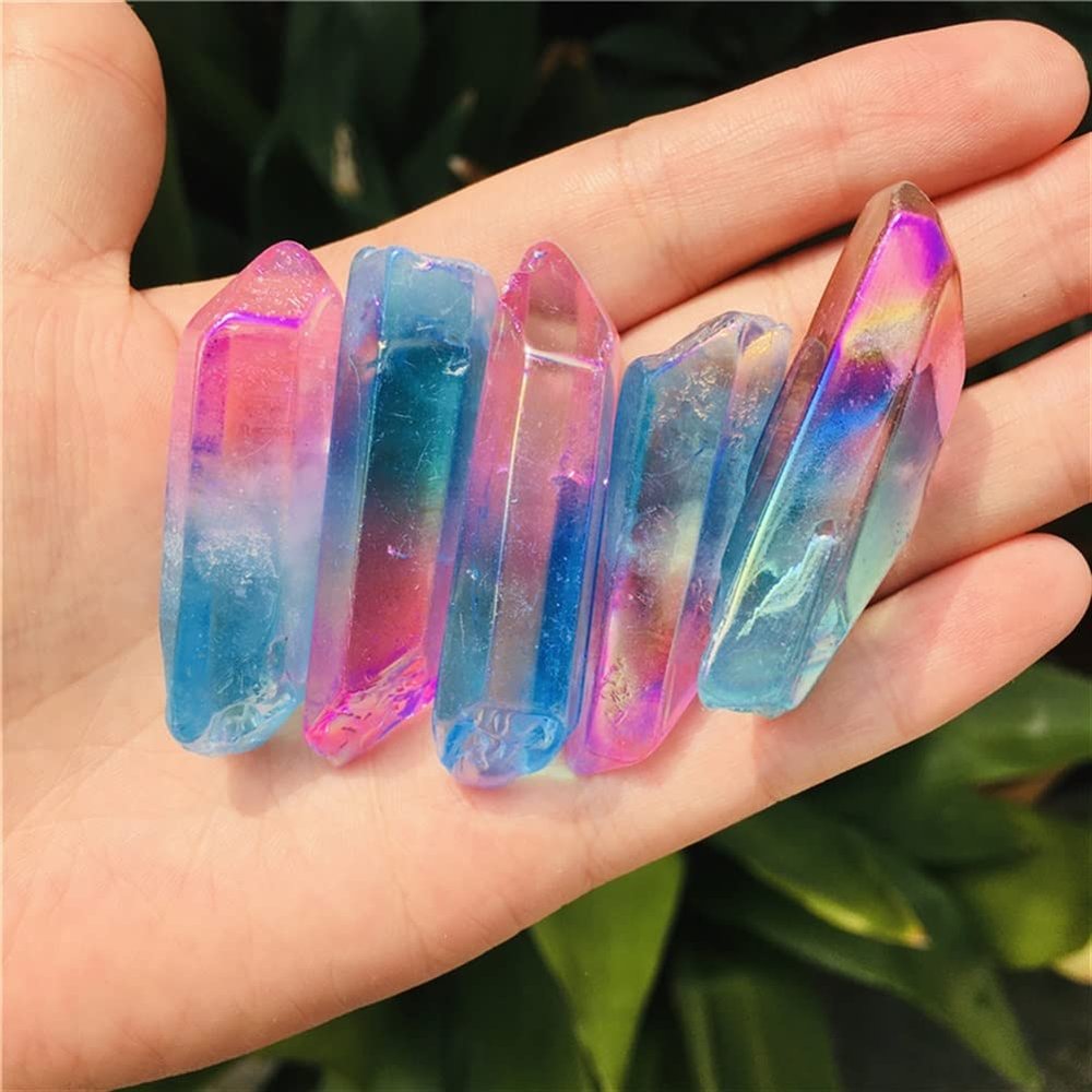 EPEDIC 5-Piece Natural Electroplated Blue Powder Two-Color Single-Point Crystal Columns, DIY Hanging Accessories
