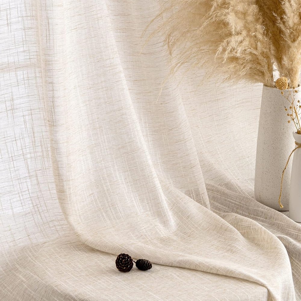 MIULEE Linen-Look Curtains with Grommets, 140 x 300 cm, White Rice, 2-Pack