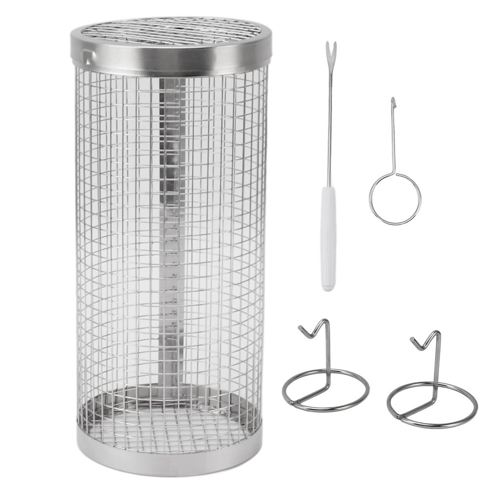 UPQRSG Rollable Grill Basket, Stainless Steel BBQ Grill Basket, Round Camping Grill Mesh Tube with Fork Hook for Vegetables, Fish, and Meat (S)