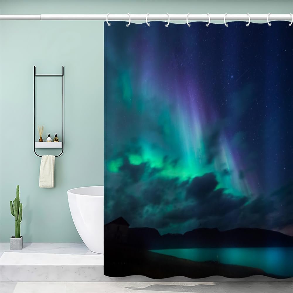 MEVASA Aurora Blue Shower Curtain, 240 x 200 cm, Waterproof, Mold-Resistant, Washable, with 12 Rings