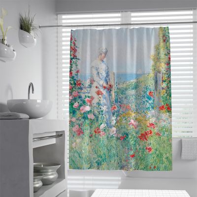 UERWOWELL Childe Hassam Red Flower in the Garden Shower Curtain Set, 180 x 200 cm