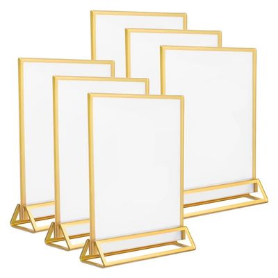 6-Pack 5 x 7-Inch Acrylic Sign Holders with Gold Edges and Vertical Stand, Double-Sided Table Holders for Weddings