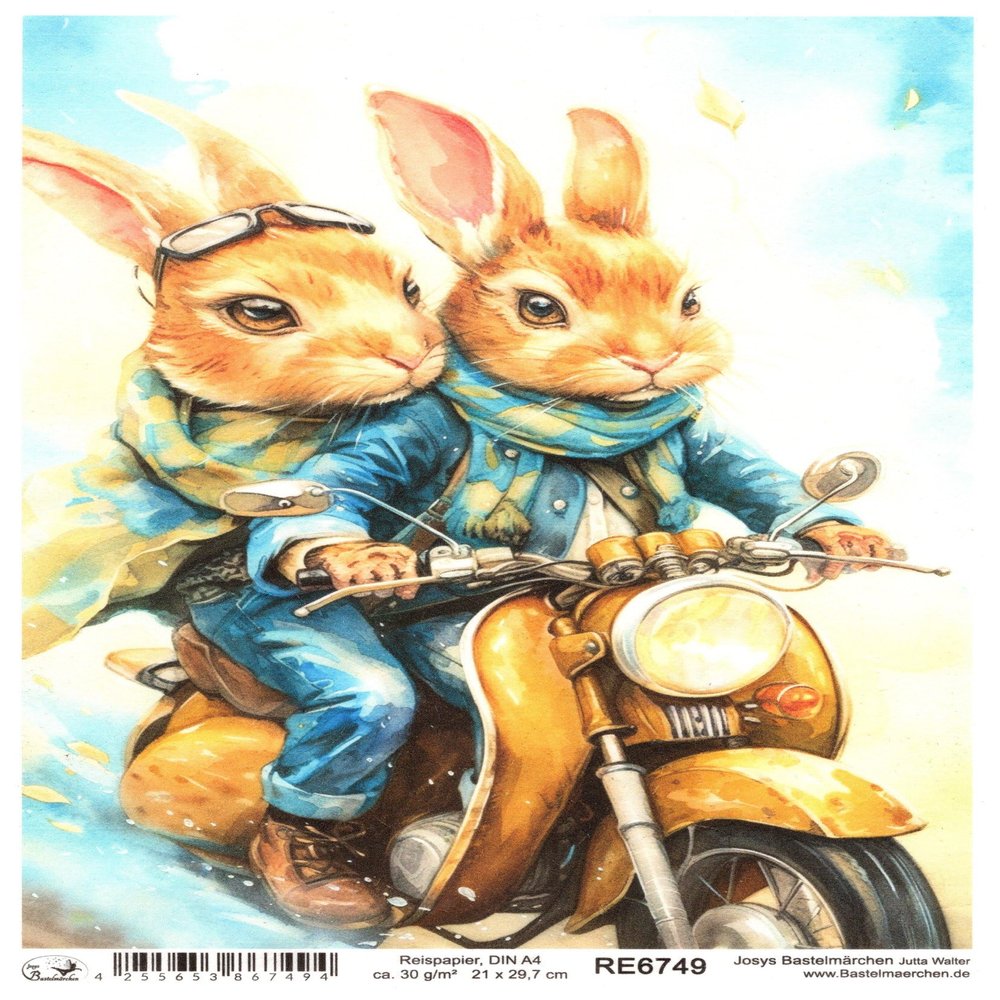 Josys Craft Fairy Rice Paper A4 Straw Silk Decoupage Easter Bunnies on Scooter RE6749