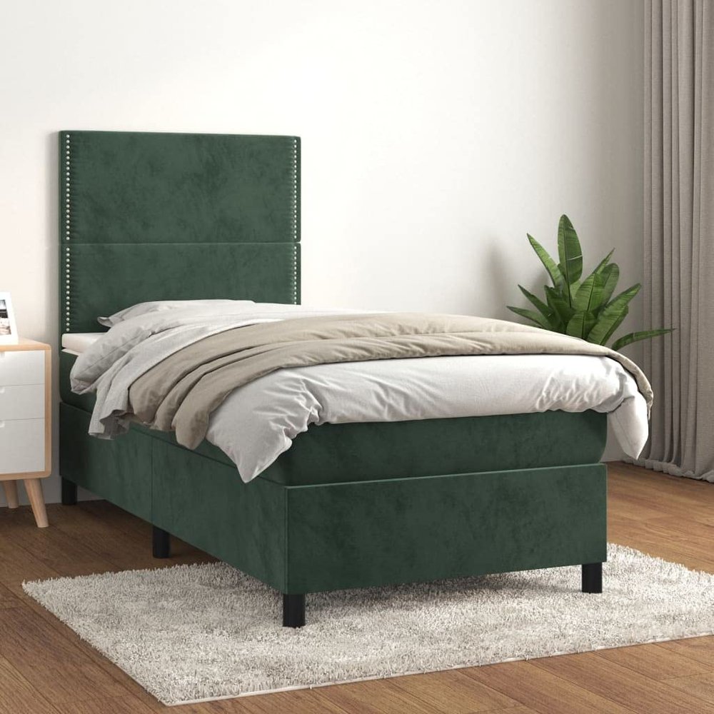 DYRJDJWIDHW Box Spring Bed with Mattress, Dark Green, 100 x 200 cm, Velvet