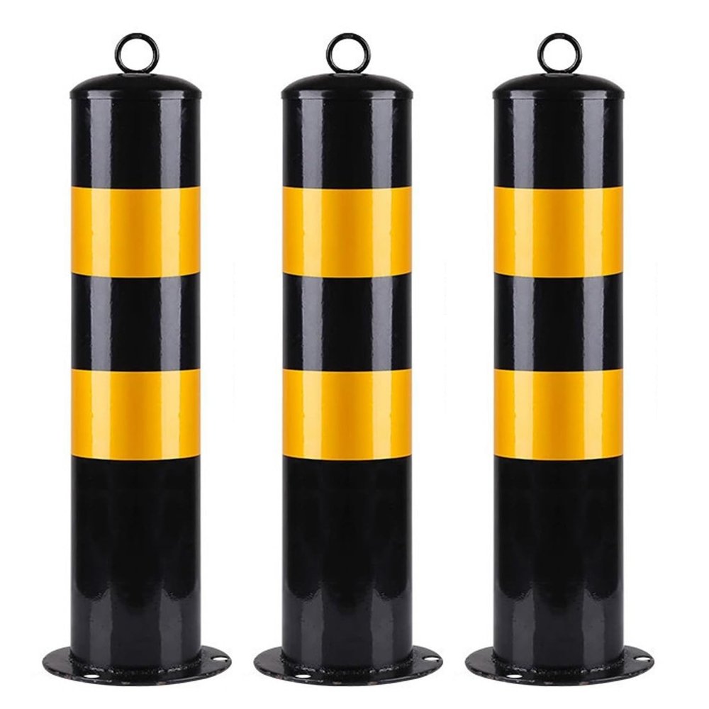 JIANGSS Steel Parking Bollards, Safety Posts with Yellow Reflectors, Black, 3-Pack