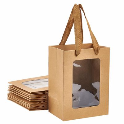 NBEADS 12-Pack Kraft Paper Gift Bags with Windows, 20 x 15 x 10.3 cm, with Handles, Camel