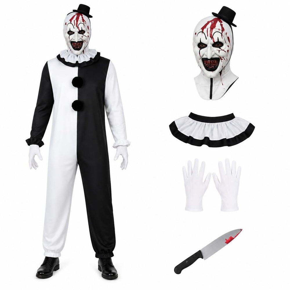 Claofoc Terrifier Art the Clown Adult Costume, 5-Piece Jumpsuit and Mask