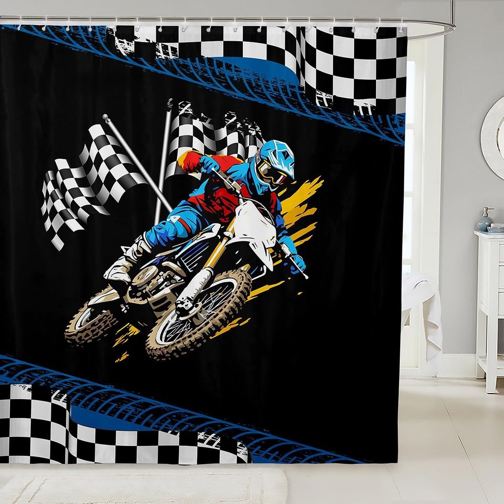 feelingyou Cool Motorcycle Racing Shower Curtain, Black and White Checkered, L