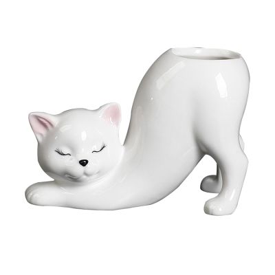 Cartoon Cat Flower Pot, Porcelain Vase, Ceramic Bonsai Planter, White