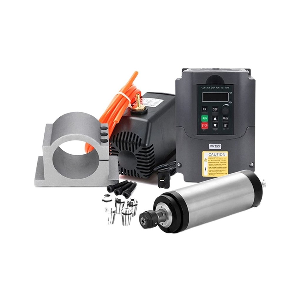 Water-Cooled CNC Spindle Motor Kit, 1.5 kW/2.2 kW, VFD, Clamp, Water Pump and ER Collets