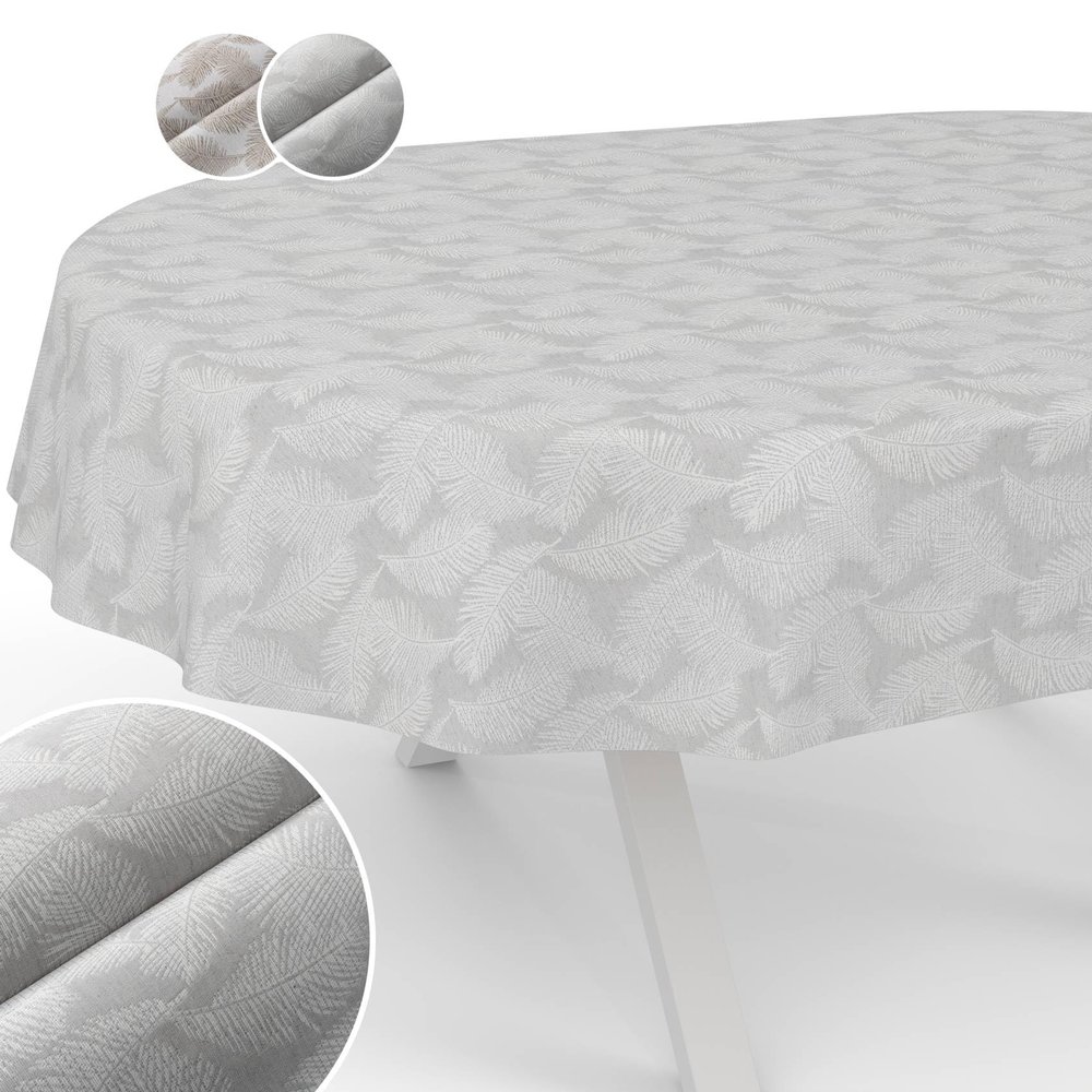 Kate Floral Leaves Oval Tablecloth, Silver, 280 x 140 cm