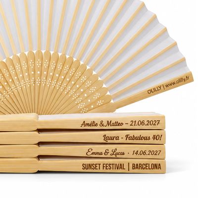 OLILLY - 50 Custom-Engraved Fans for a Unique Event - Bamboo and White Fabric