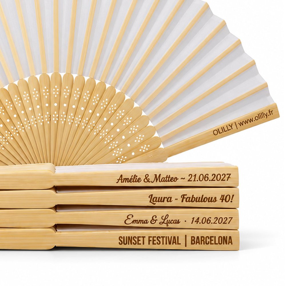 OLILLY - 50 Custom-Engraved Fans for a Unique Event - Bamboo and White Fabric