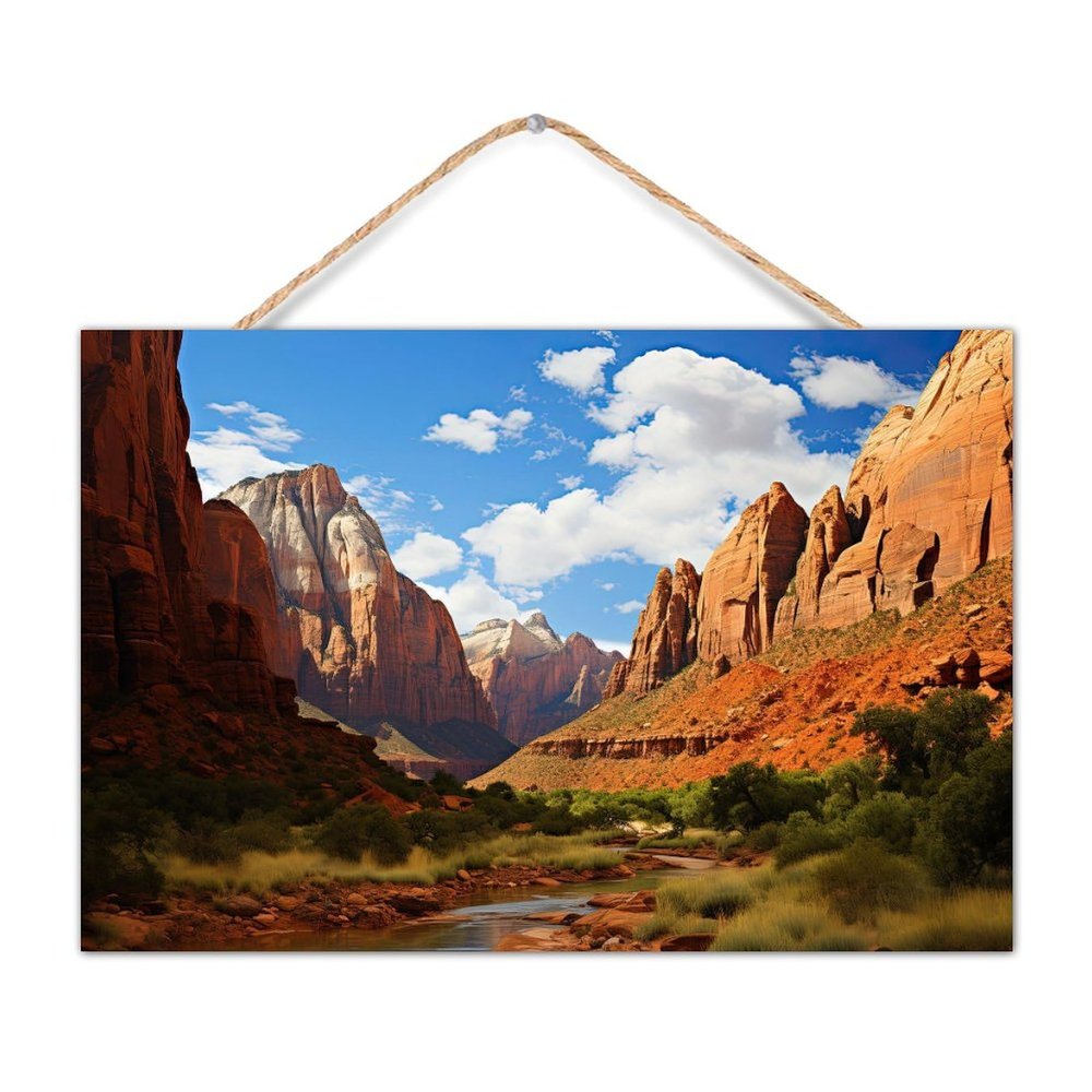 CustonCares Wood Sign "Zion National Park Established," Mountain Lake, 12 x 8 in, Watercolor Travel Art, Distressed Wall Decor