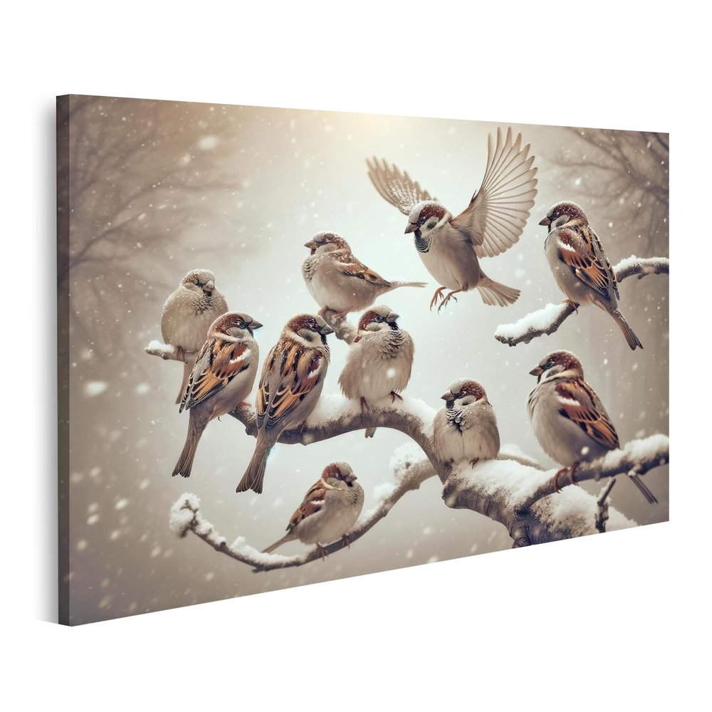 islandburner Canvas Wall Art, Sparrows in Gentle Snowfall on a Winter Branch