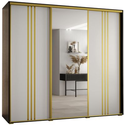 MEBLE KRYSPOL Cannes 7 Modern Wardrobe with 3 Sliding Doors, Clothes Rail, Shelves and Mirror, 205.2 x 200 x 60 cm, Black/White/Gold