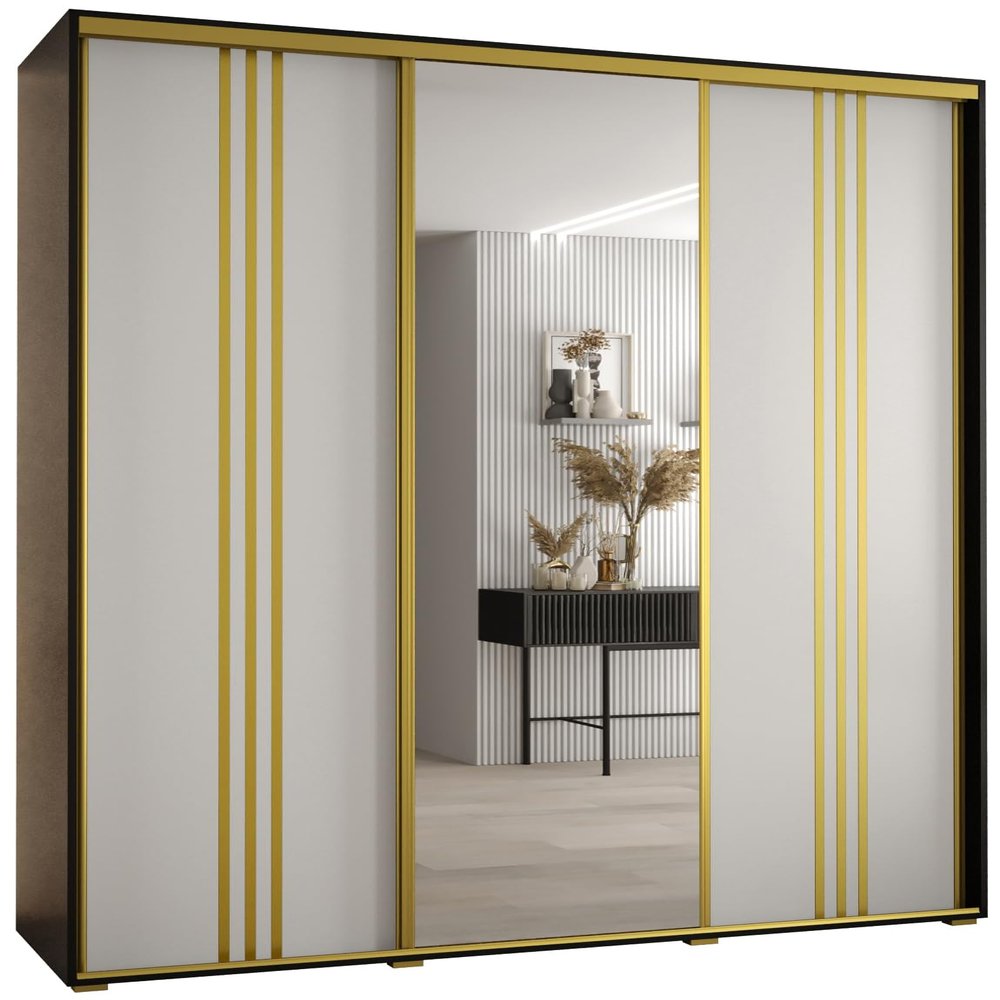 MEBLE KRYSPOL Cannes 7 Modern Wardrobe with 3 Sliding Doors, Clothes Rail, Shelves and Mirror, 205.2 x 200 x 60 cm, Black/White/Gold