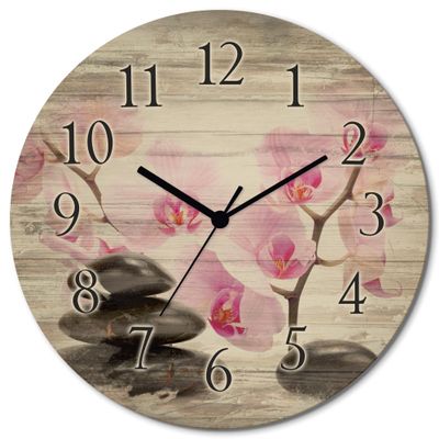ARTLAND Silent Radio-Controlled Wooden Wall Clock, 30 cm, Black Stones & Pink Orchid