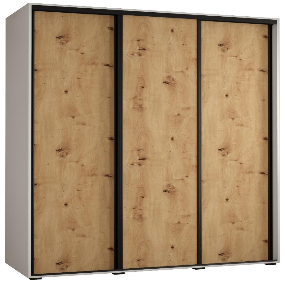 MEBLE KRYSPOL Cannes 1 Modern Wardrobe with 3 Sliding Doors, Hanging Rail and Shelves, White Artisan/Black, 205.2 x 160 x 60 cm