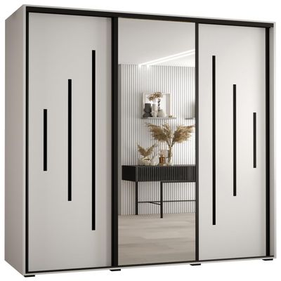 MEBLE KRYSPOL Cannes 13 Modern Wardrobe with 3 Sliding Doors, Clothes Rail, Shelves and Mirror, 205.2 x 180 x 45 cm, White White Black