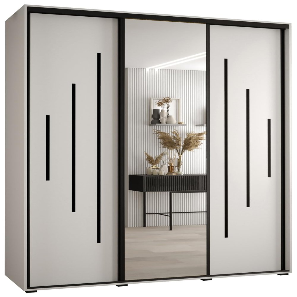 MEBLE KRYSPOL Cannes 13 Modern Wardrobe with 3 Sliding Doors, Clothes Rail, Shelves and Mirror, 205.2 x 180 x 45 cm, White White Black