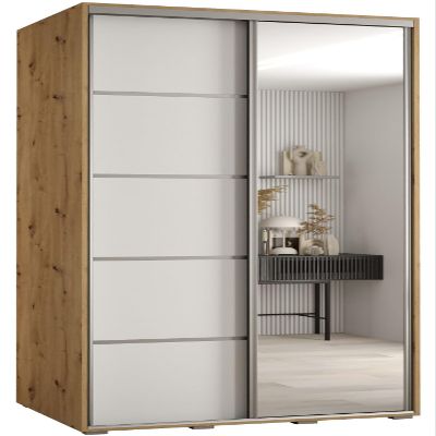 MEBLE KRYSPOL Cannes 5 Modern Wardrobe with 2 Sliding Doors, Clothing Rail, Shelves and Mirror, 205.2 x 120 x 60 cm, Artisan White/Silver