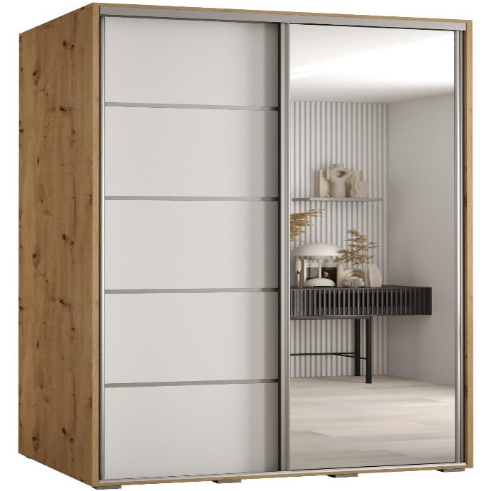MEBLE KRYSPOL Cannes 5 Modern Wardrobe with 2 Sliding Doors, Clothing Rail, Shelves and Mirror, 205.2 x 120 x 60 cm, Artisan White/Silver
