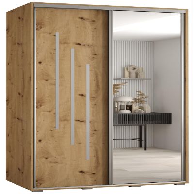 MEBLE KRYSPOL Cannes 9 Modern Wardrobe with 2 Sliding Doors, Hanging Rod, Shelves and Mirror, 205.2 x 110 x 60 cm, Artisan/Artisan Silver